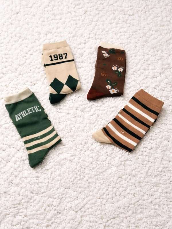 Pack de 4 Calcetines Vintage Unisex ,  Diseño Retro Athletic, Rayas y Flores