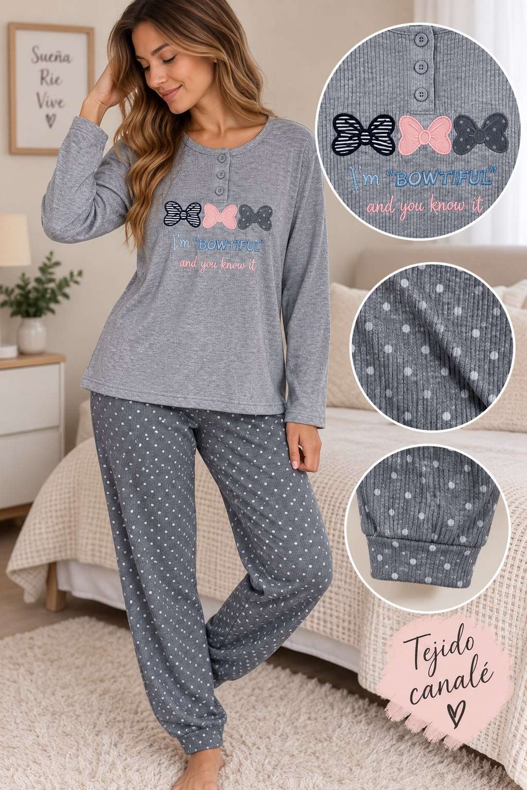Tienda de Ropa en Orihuela y la Aparecida Pijama de mujer canalé con lazos y pantalón de lunares - Imagen 2