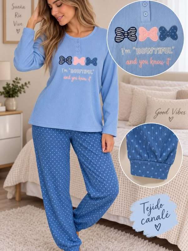 Pijama de mujer canalé con lazos y pantalón de lunares