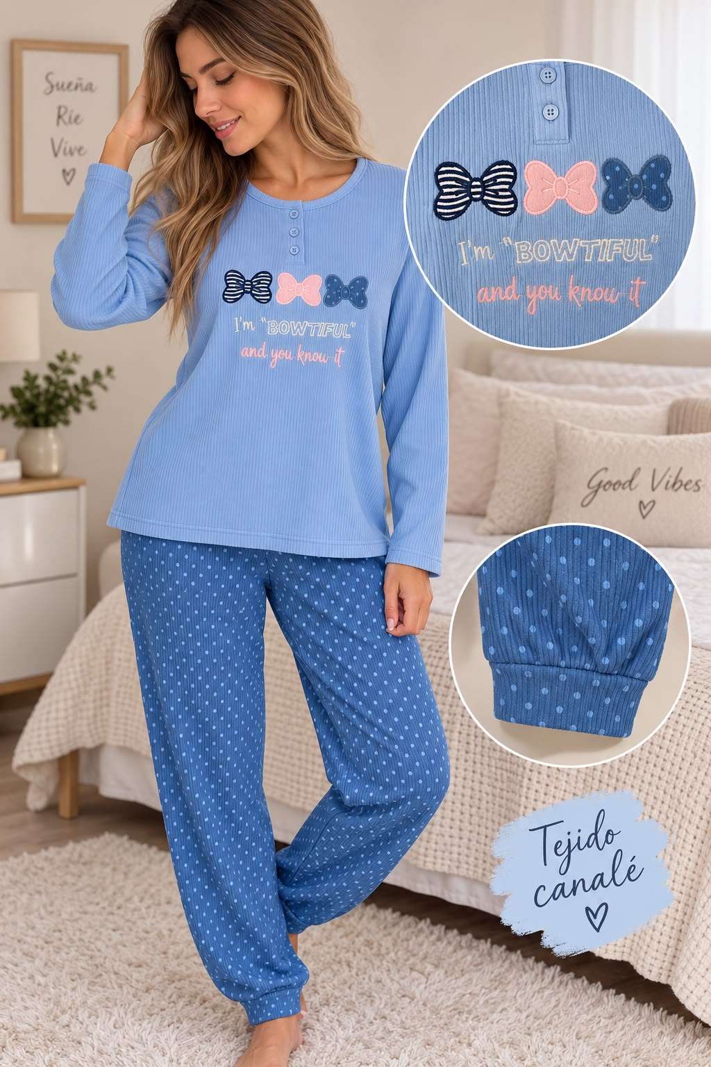 Tienda de Ropa en Orihuela y la Aparecida Pijama de mujer canalé con lazos y pantalón de lunares